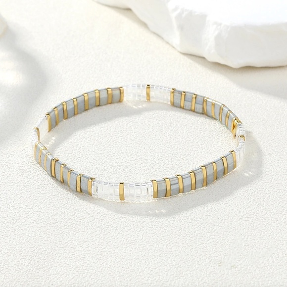 Tila Beaded Friendship Bracelet – 6.3" Stretch – Gold, White & Grey Tile Beads - Picture 2 of 2